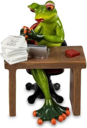 Beeldje Kikker - Op het werk - Baan - Afgeleid - Computer werk - 12 cm - Vrouw