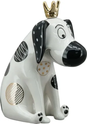 Beeld - Hond - Zittende hond met kroontje - Zwart / Wit / Goud - Keramiek - 17x9x18 cm