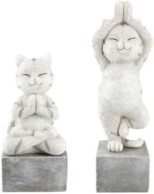 Beeld - Kittens - Yoga - Poes - Kat - Set van twee - Creme / Wit - Polyresin - 4x5x17 cm